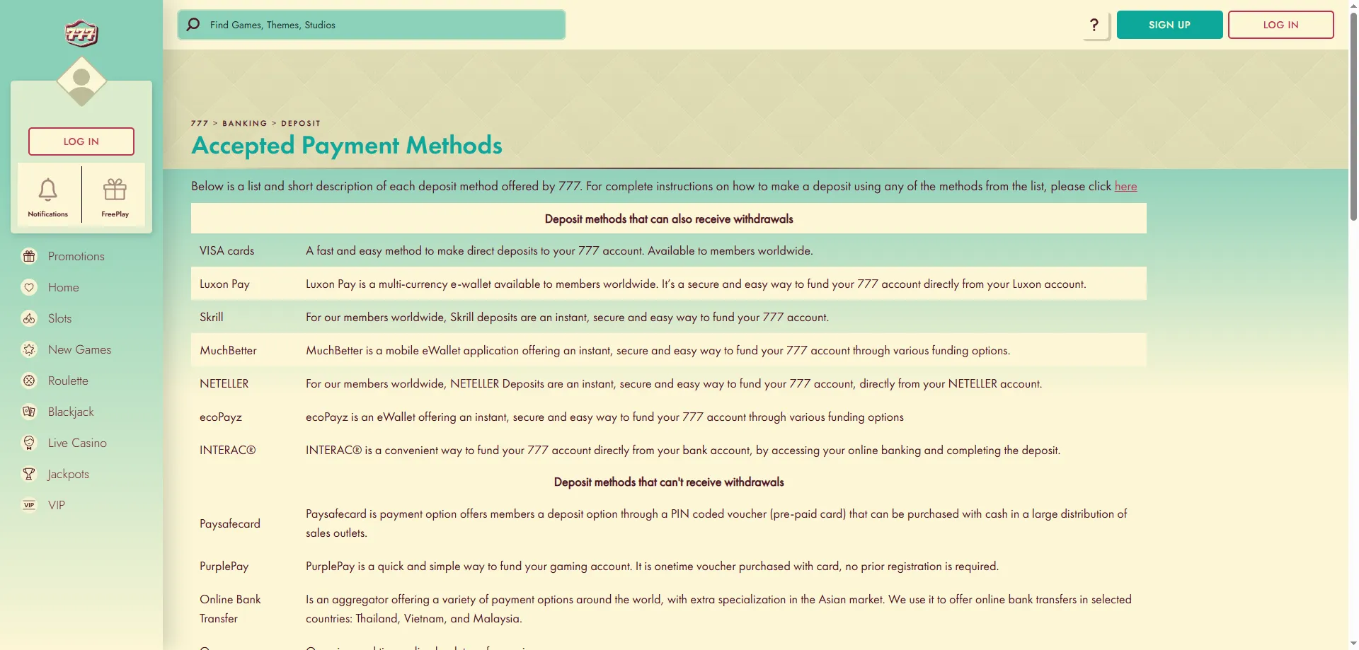 777 Casino deposit and withdrawal methods — Visa and Mastercard banking